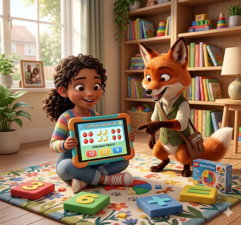 Child doing game-based maths assessment with Pip the fox