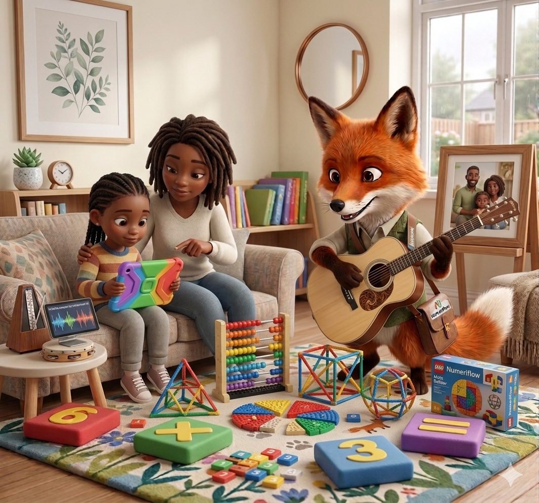 Mother and child learning maths with Pip the NumeriFlow fox
