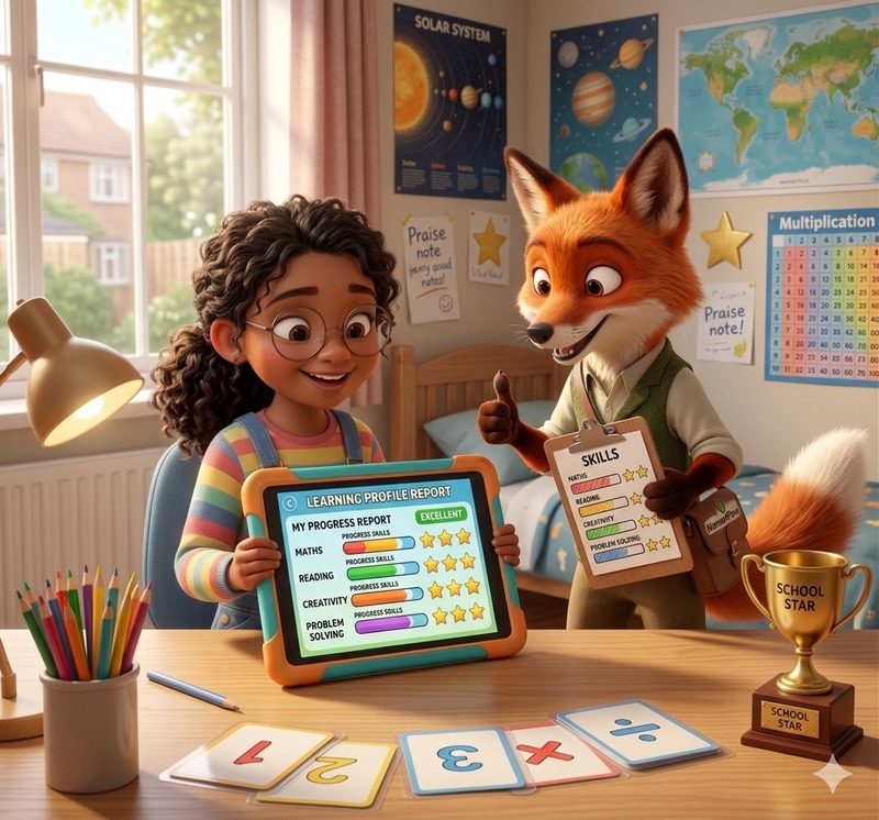 Child reviewing learning profile with Pip the fox